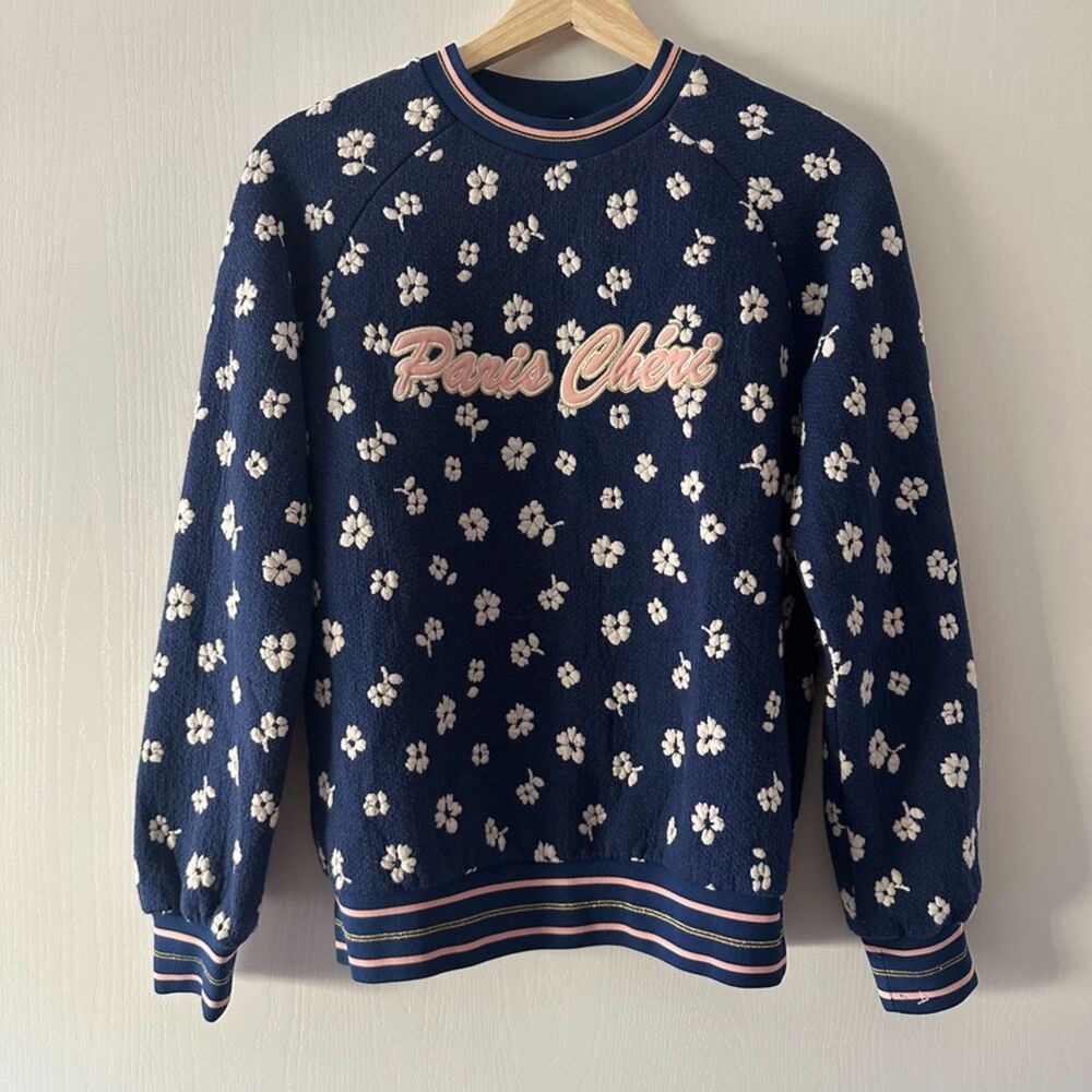 & Other Stories Navy Floral 'Paris Chérie' Pullover with Pink Trim